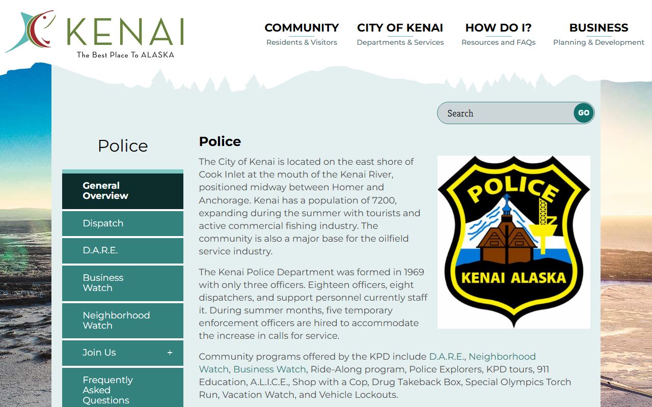 Kenai Police Department website showing recent arrest resources for Kenai Peninsula Borough