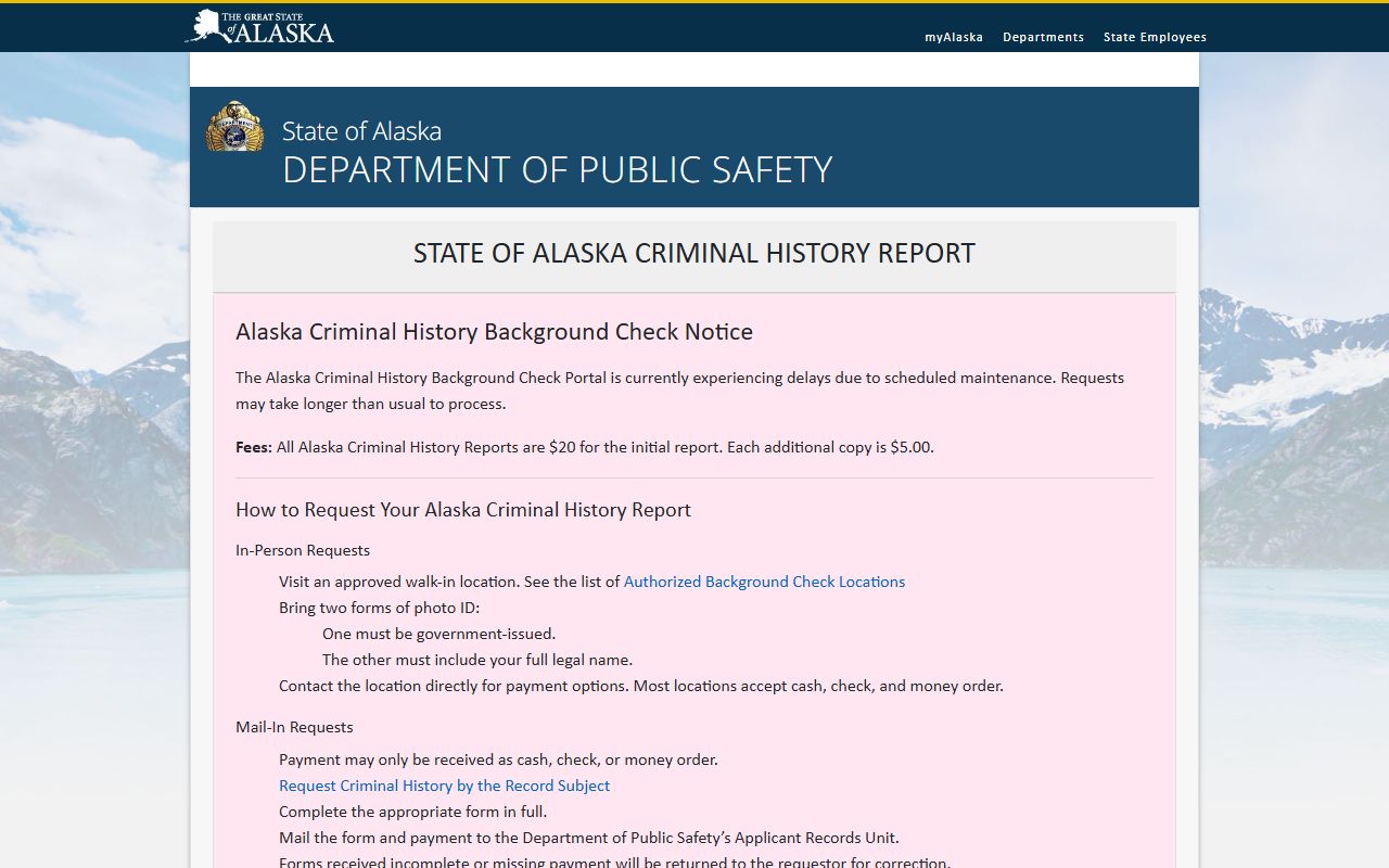Alaska DPS online criminal history background check request portal