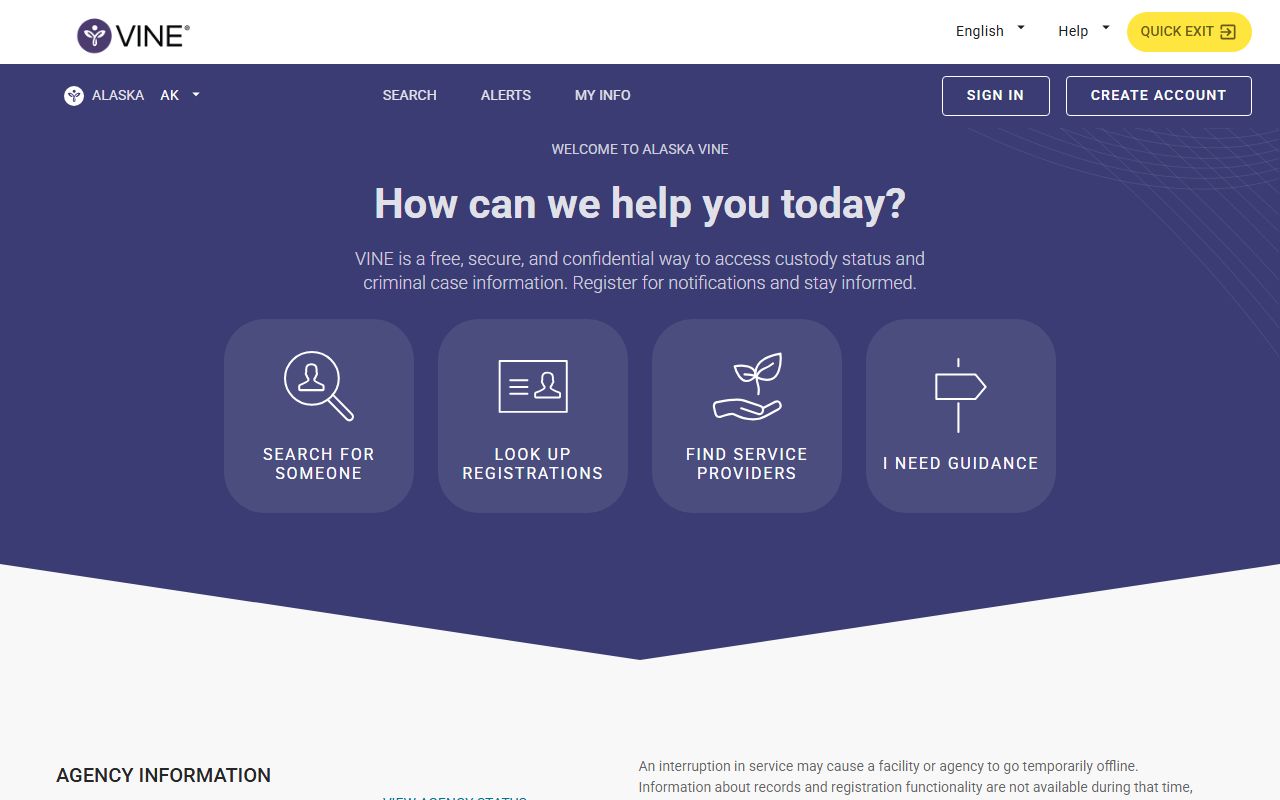 VINE victim notification service for searching Alaska inmate custody status